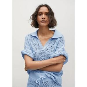 NWT Mango Blue Crochet Cova Boho V-neck Collared  Sweater Women's S